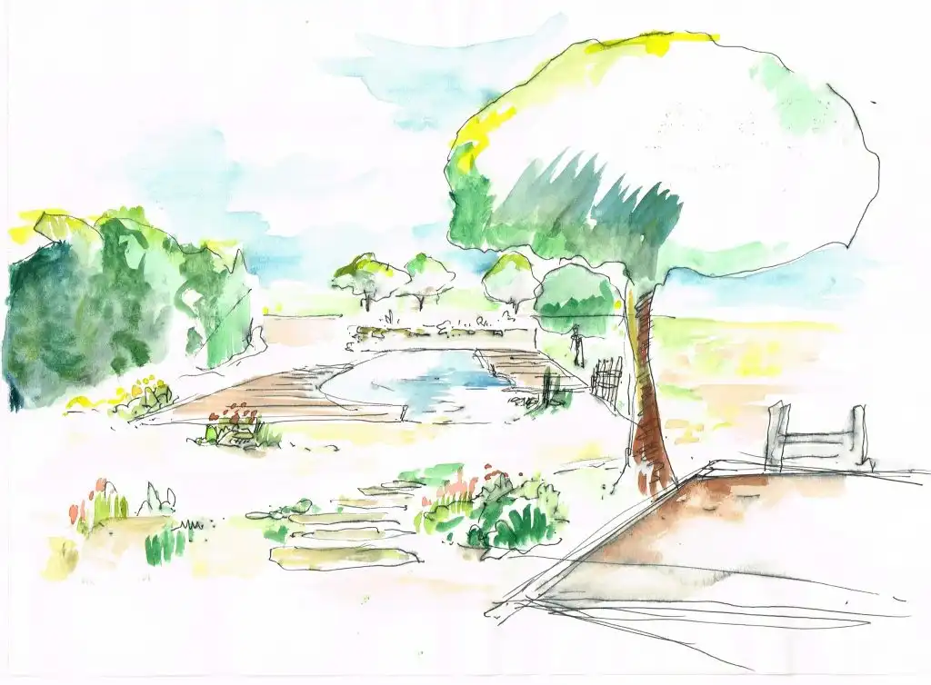 Aquarelle d’un paysage de jardin avec bassin, arbres et chemin naturel