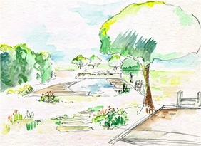 Croquis de jardin paysager avec bassin, arbres et terrasse en bois