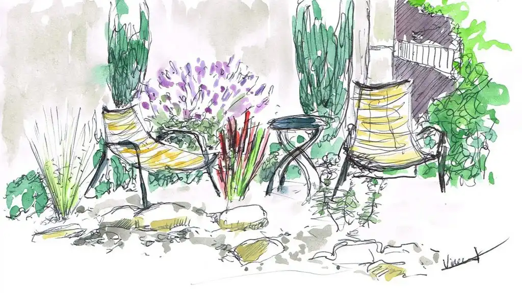 Croquis aquarelle d’un coin détente de jardin avec fauteuils, table et végétation