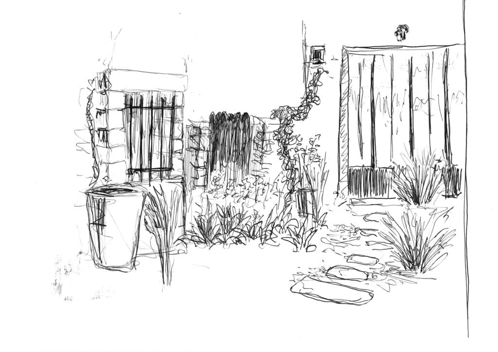 Croquis de jardin avec portail, plantes ornementales et chemin en pierres