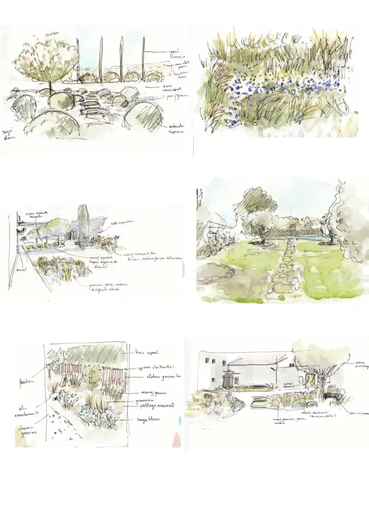 Ensemble de croquis paysagers à l’aquarelle illustrant différentes idées d’aménagement de jardin