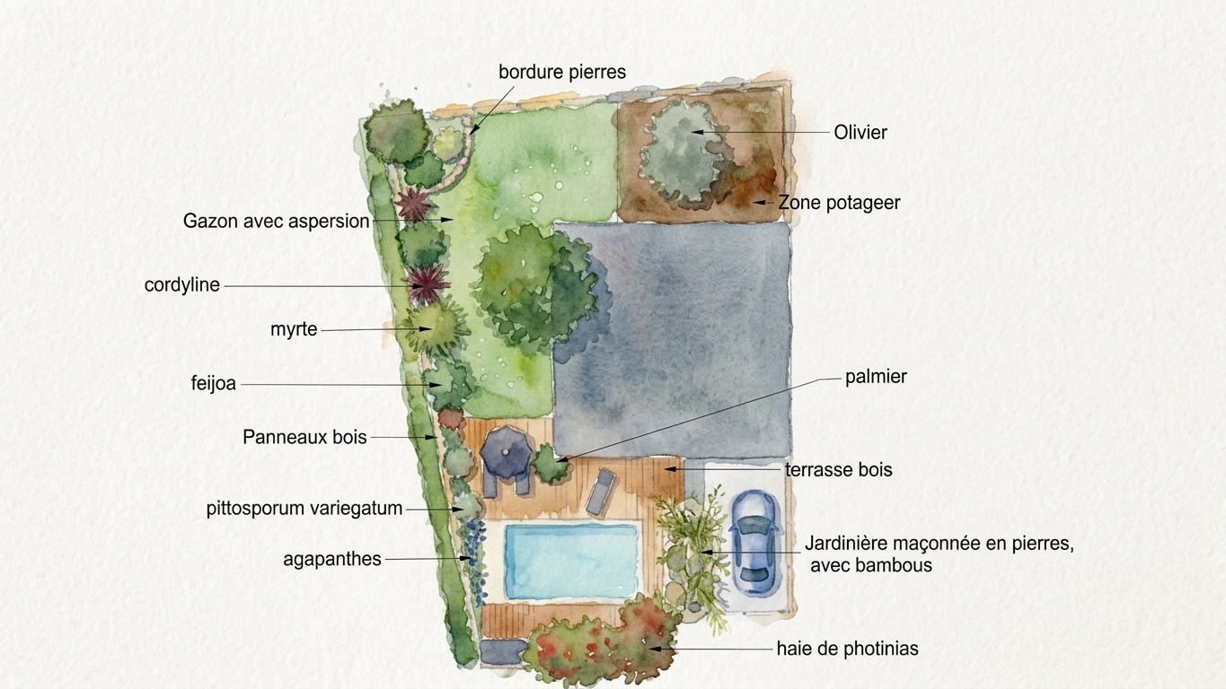 plan aquarelle représentant un aménagement de jardin