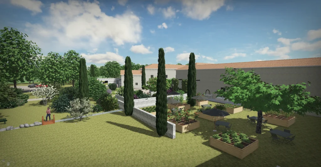 Vue 3D de l’aménagement du potager du Prieuré de Grignan avec bacs de culture, cyprès et espaces de réception