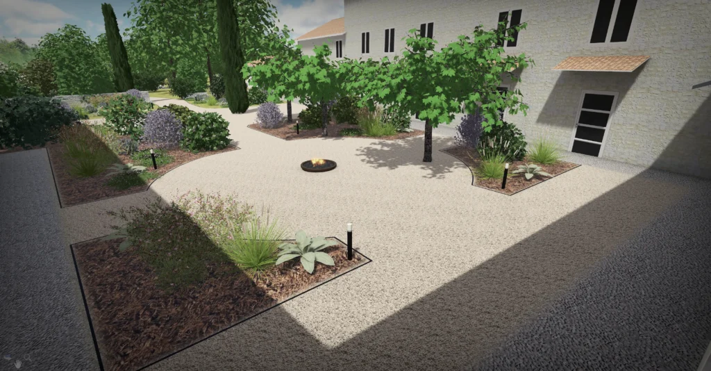 Vue 3D de la cour paysagère du Prieuré de Grignan avec massifs végétalisés, vignes et espace brasero