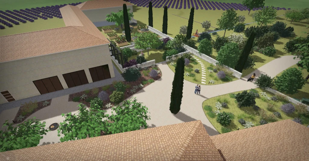 Vue 3D de la conception des espaces extérieurs du Prieuré de Grignan avec jardins, cheminements et espaces paysagers