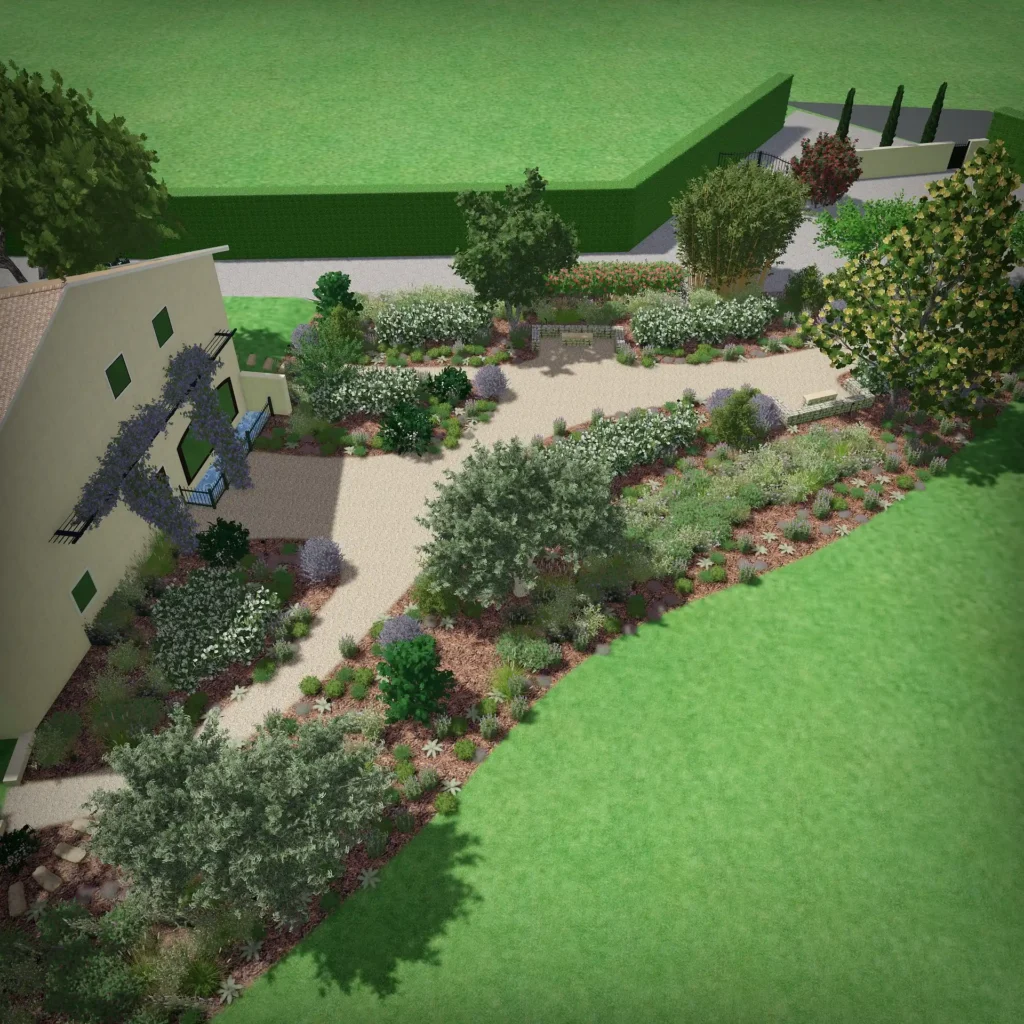 Vue 3D de la conception d’un jardin à Lagnes avec cheminements, massifs méditerranéens et arbres