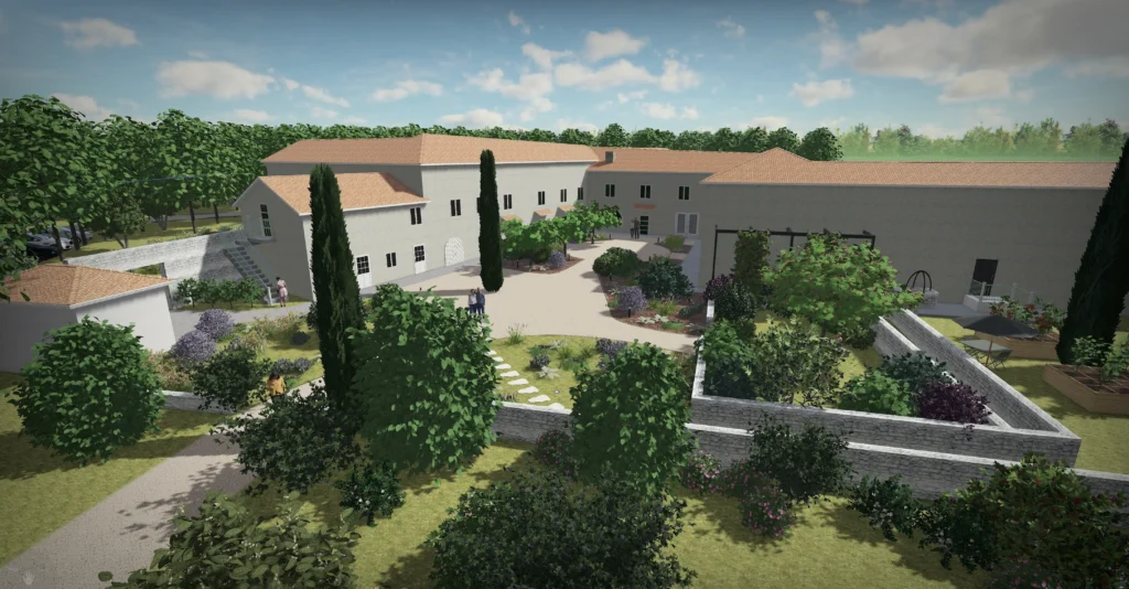 Vue 3D générale de l’aménagement paysager du Prieuré de Grignan avec jardins, espaces végétalisés et cheminements