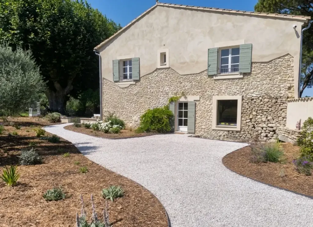 Création de jardin à Lagnes autour d’une maison provençale avec cheminement en gravier et massifs méditerranéens
