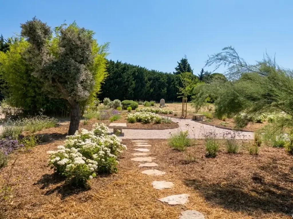 Jardin paysager à Lagnes avec massifs fleuris, olivier, cheminements en gravier et paillage bois