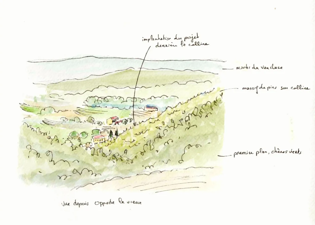 Croquis d’étude de l’impact visuel du projet photovoltaïque depuis Oppède-le-Vieux avec relief et végétation du Luberon