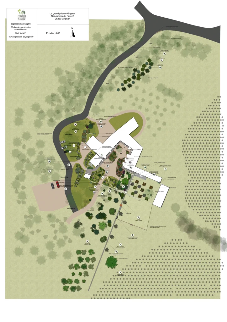 Plan paysager de l’aménagement des espaces extérieurs du Prieuré de Grignan