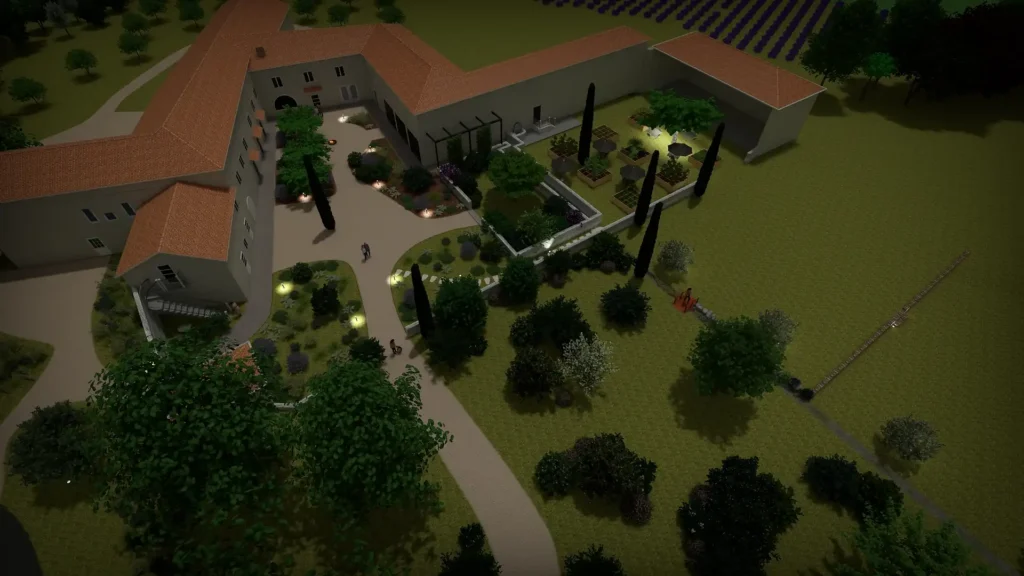 Vue nocturne du projet paysager du Prieuré de Grignan avec éclairage des cheminements et espaces extérieurs